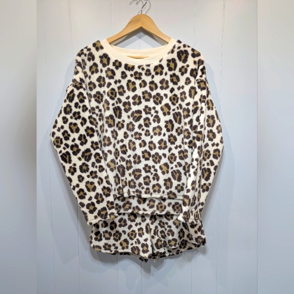 Aerie Leopard Plush Pajama Set In Cream Tan Brown Size Small‎ Medium - Picture 1 of 13